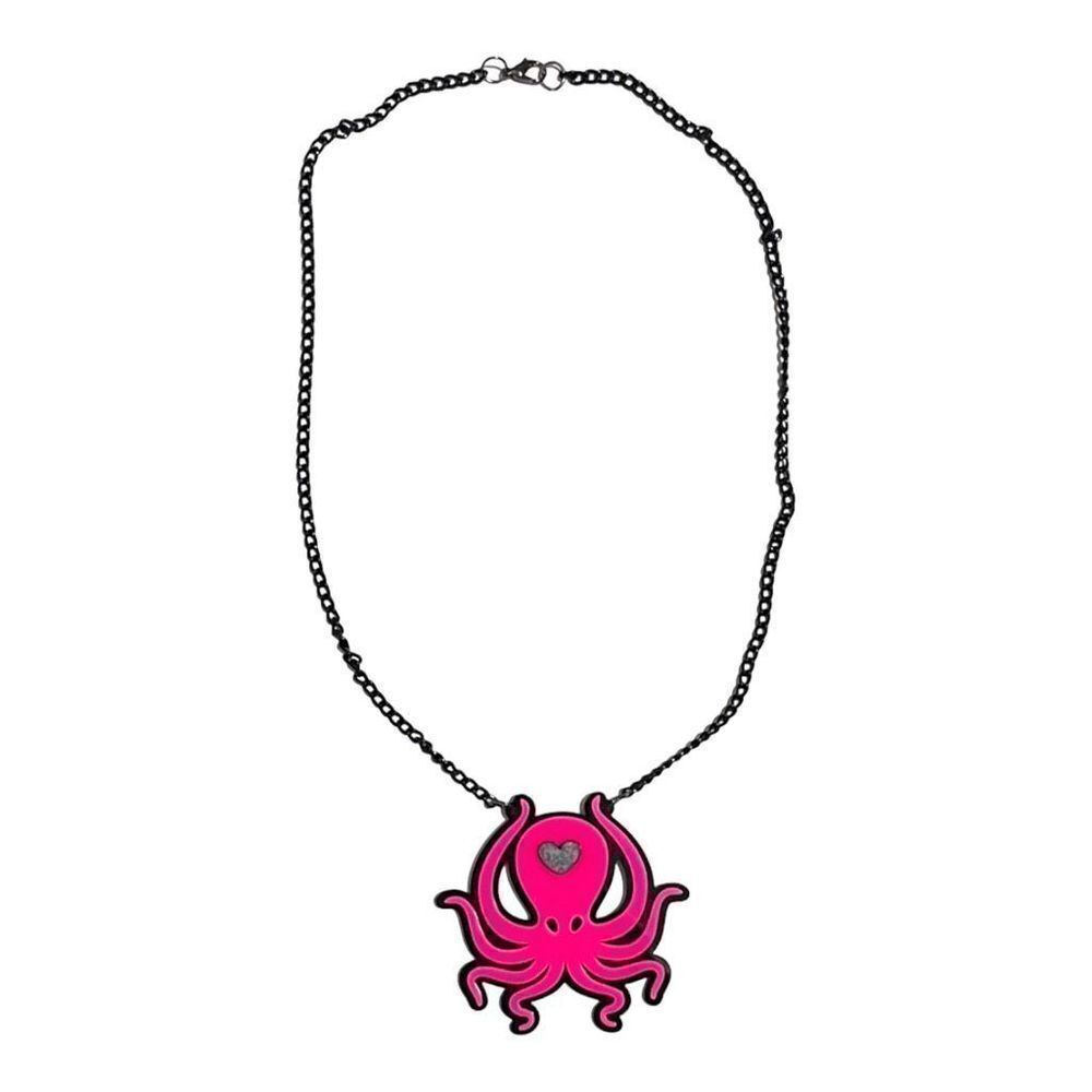 New Pink Octopus Statement Necklace Black Chain  Black Heart Unique Whimsy Goth